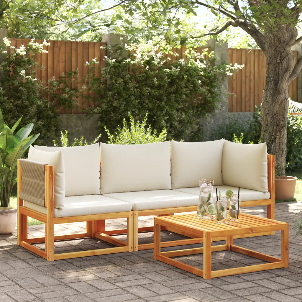 Ensemble canapé de jardin en bois d'acacia massif avec dossiers tressés en corde beige et coussins blanc crème
