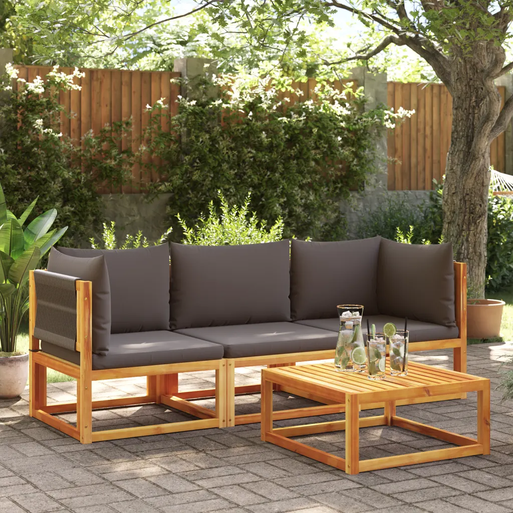 Vue d'ensemble du salon de jardin en acacia avec finition huilée, configuration modulable 3 pièces
