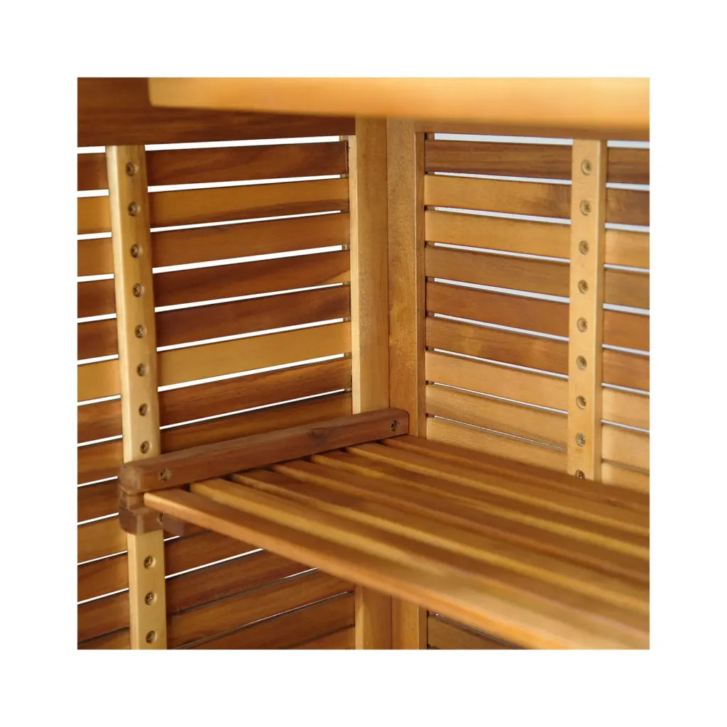 un magnifique Salon de Jardin Bar en bois d'acacia disponible avec des tabourets ronds ou carrés.