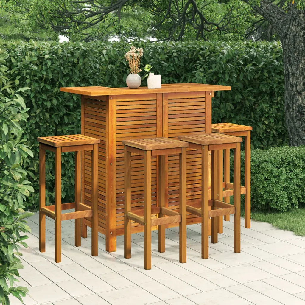 un magnifique Salon de Jardin Bar en bois d'acacia disponible avec des tabourets ronds ou carrés.