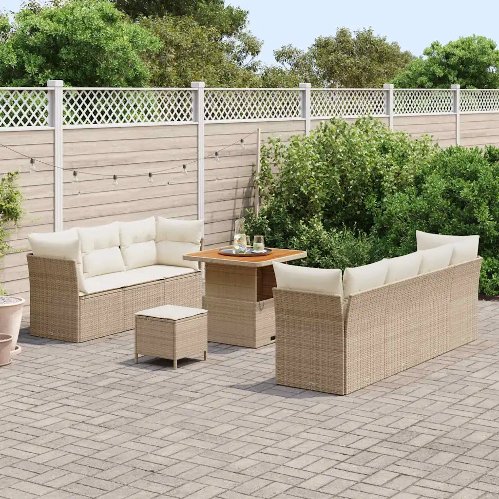 Vue complète du salon de jardin beige 9 places avec table basse