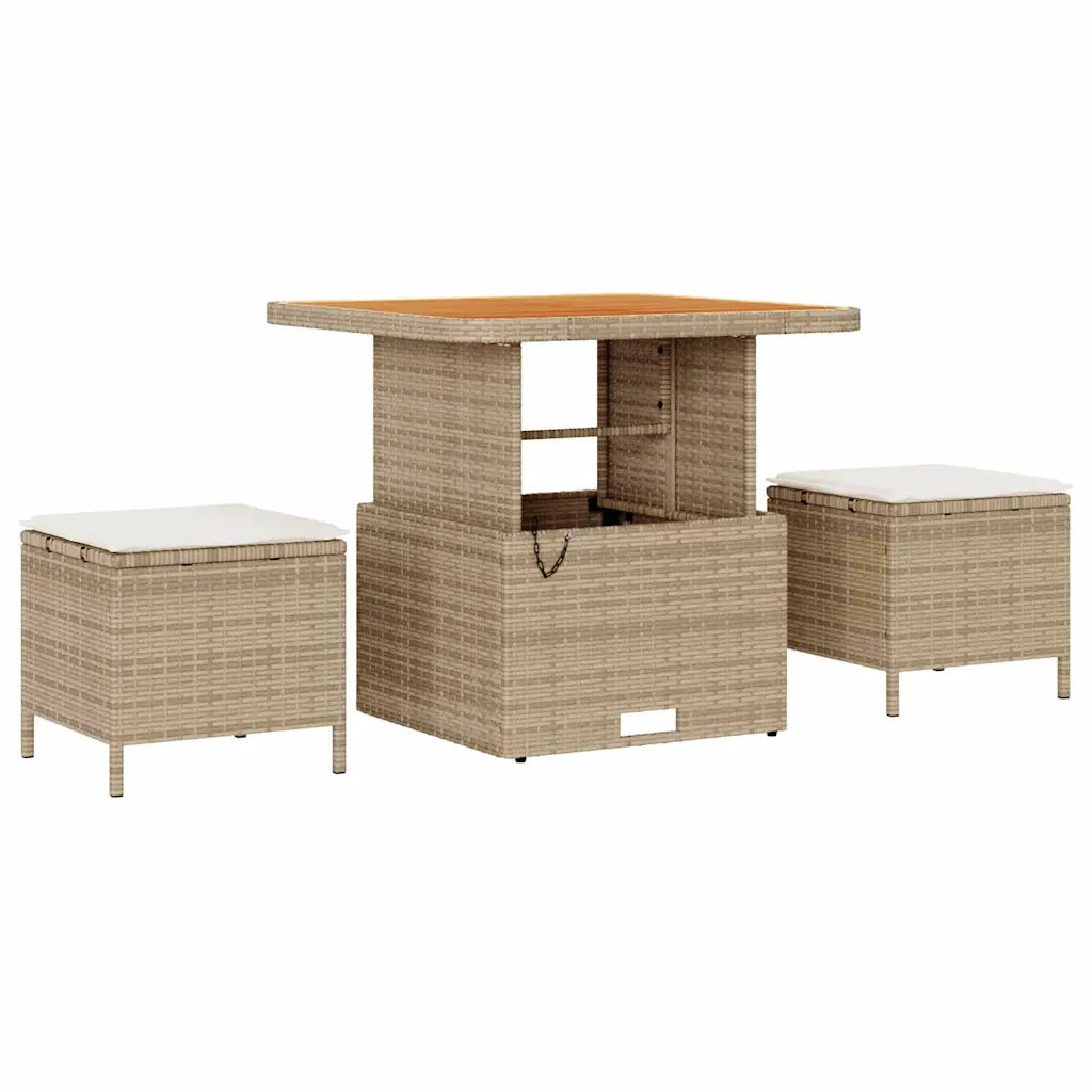 Ensemble salon de jardin beige avec table transformable et poufs