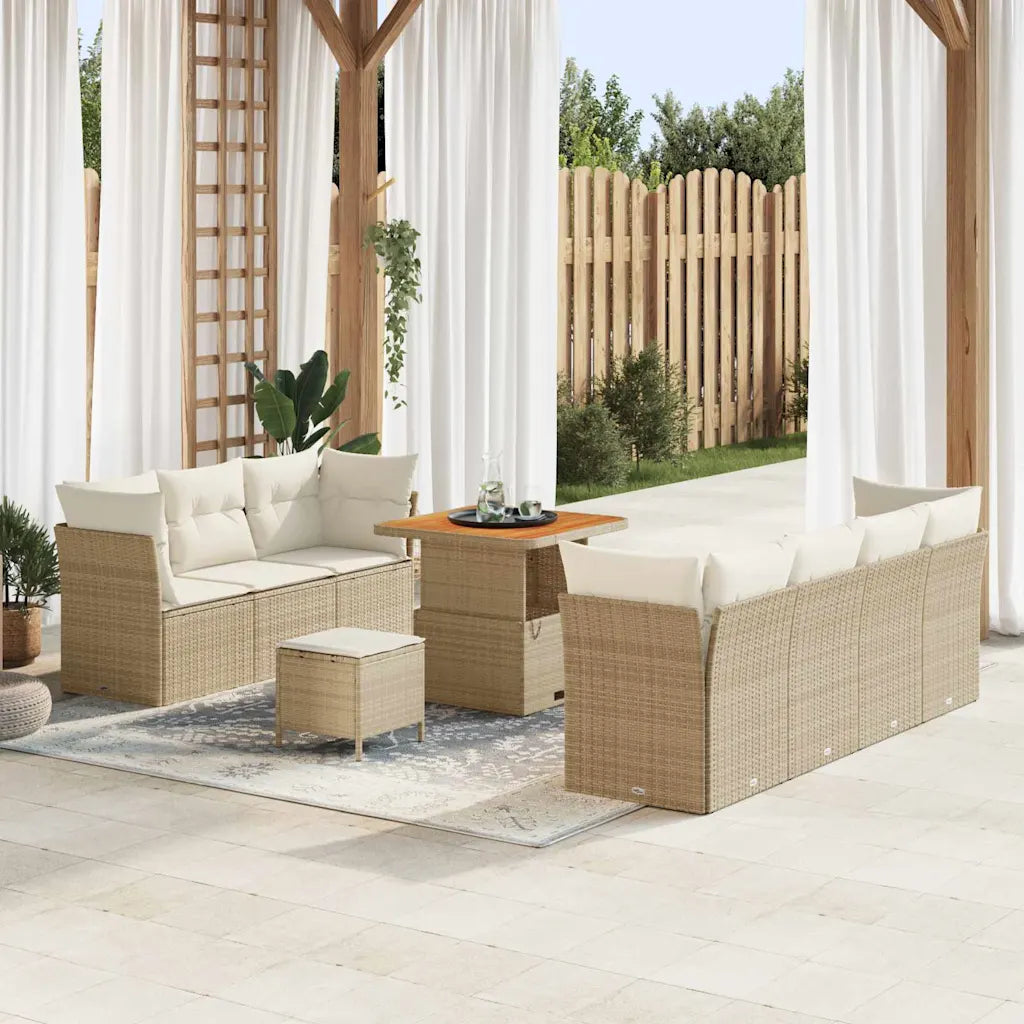 Salon de jardin beige modulaire 9 places en polyrotin avec coussins crème