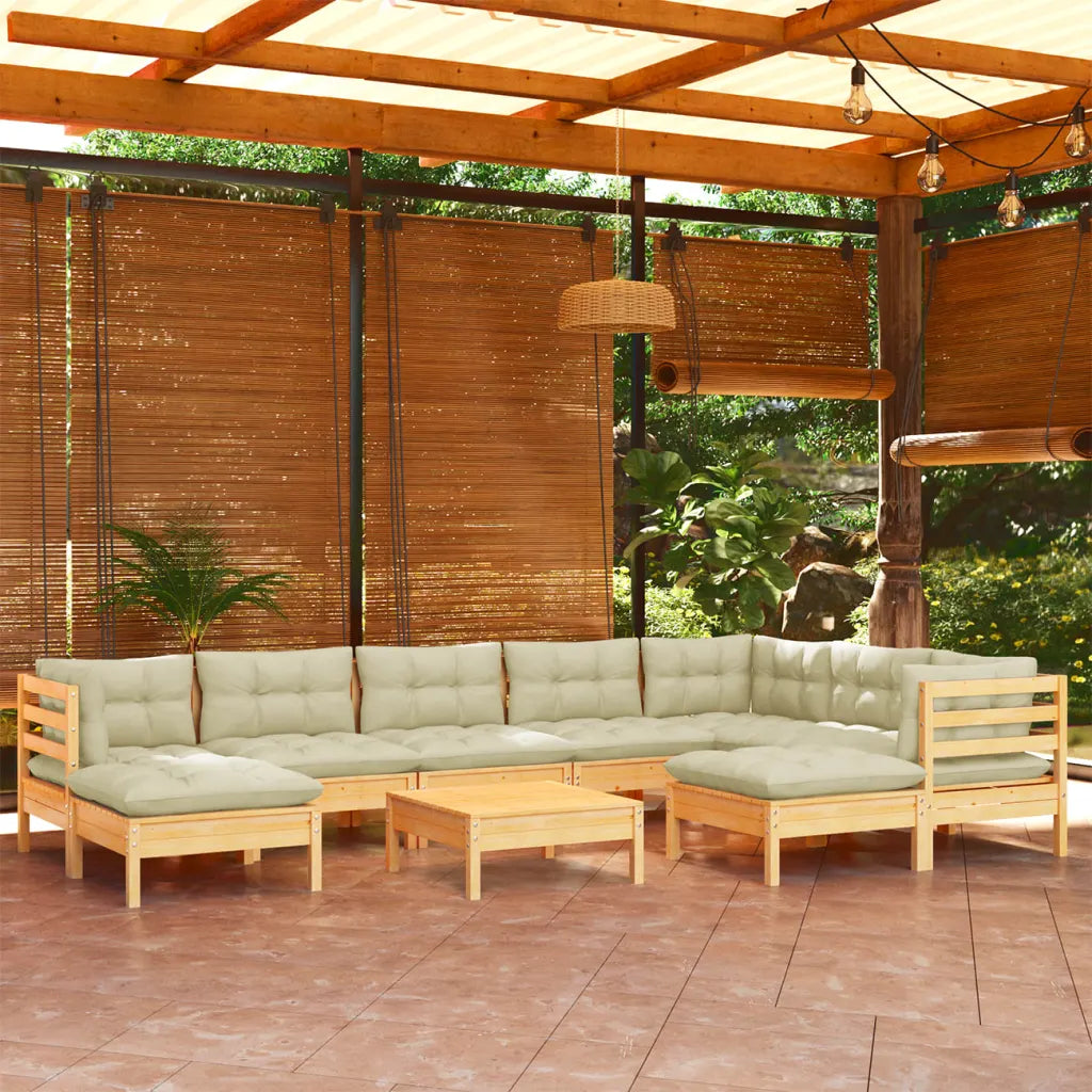 Salon de jardin confortable modulable en pin massif avec coussins crème installé sous pergola