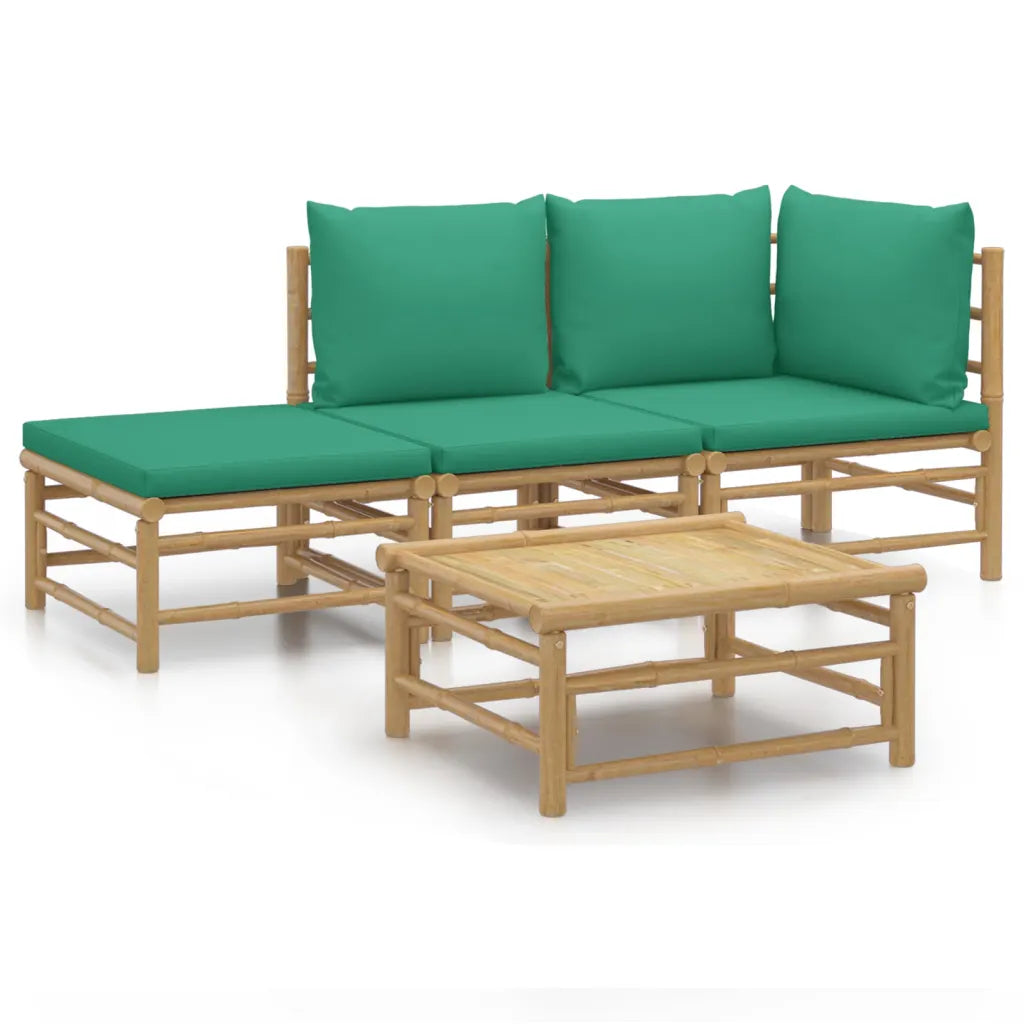 Un Salon de Jardin en Bambou confortable et joli avec ses coussins vert.