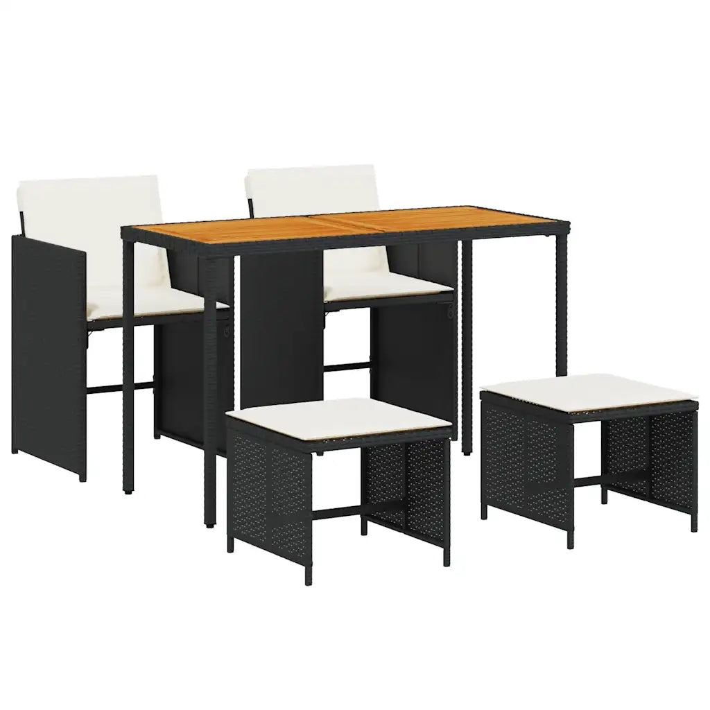 Configuration compacte salon encastrable avec tabourets rangés sous chaises et table acacia