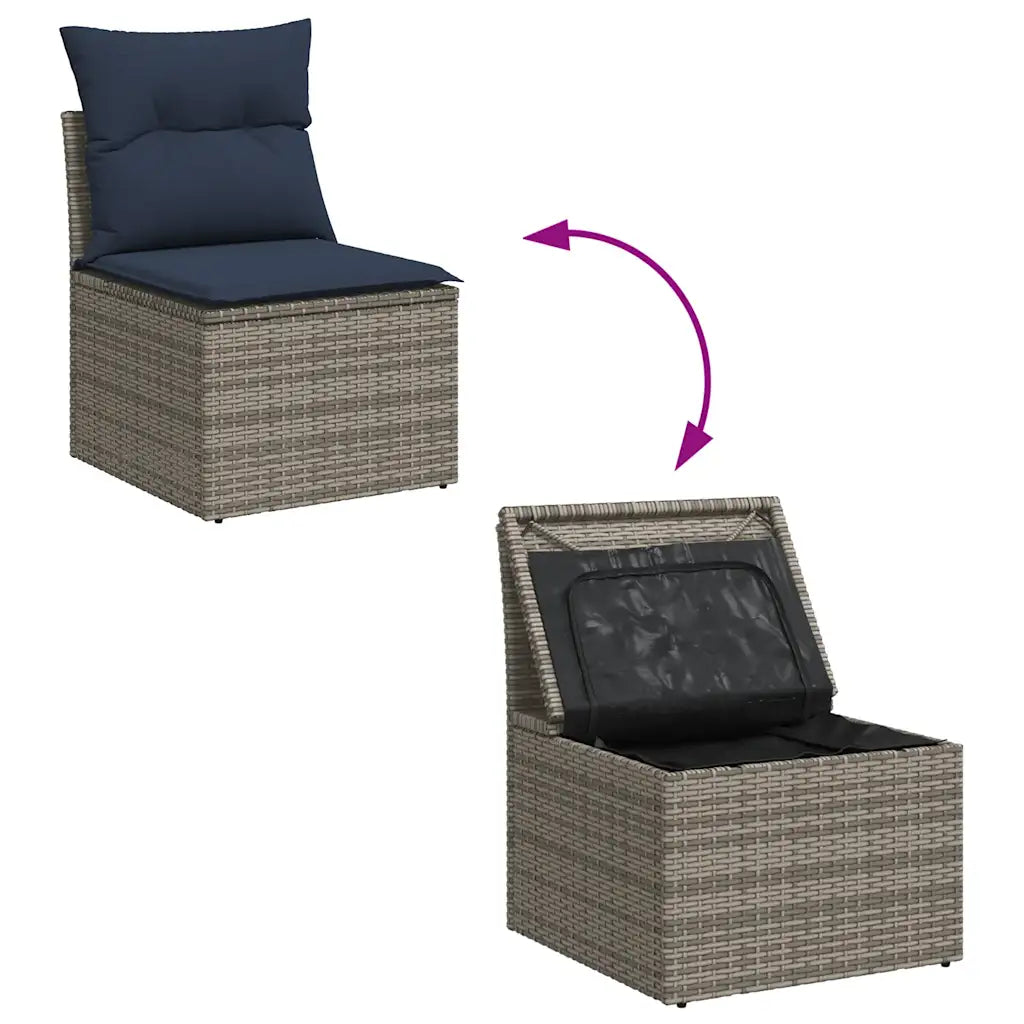 Rangement intégré sous assise avec sac étanche du salon de jardin gris.