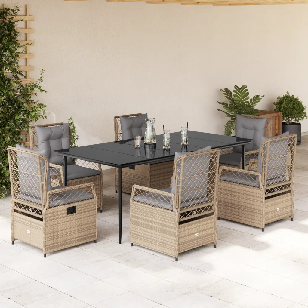 salon de jardin table haute avec grande table noire et six fauteuils inclinables