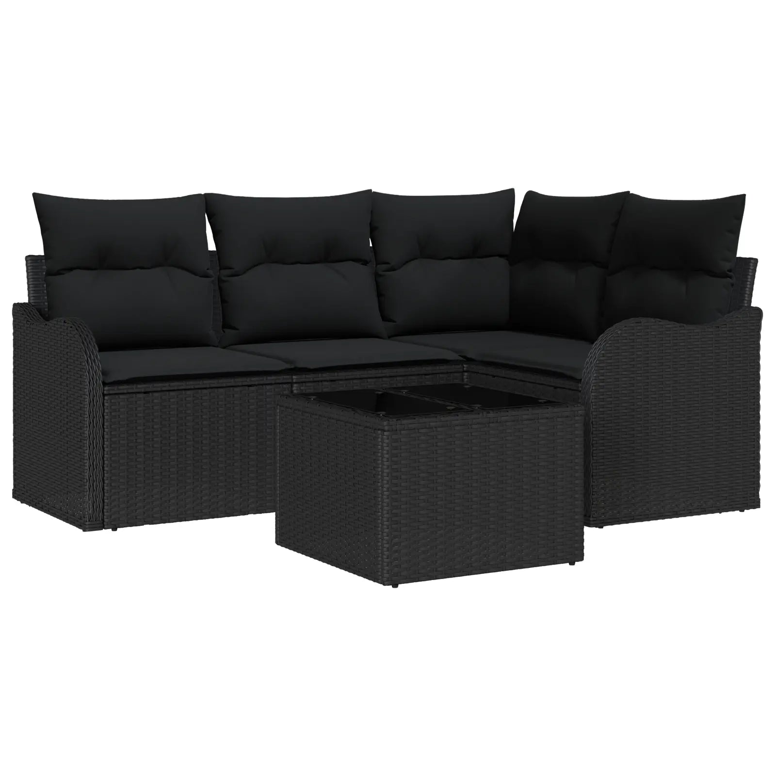 Salon modulable en résine tressée noire sur terrasse.