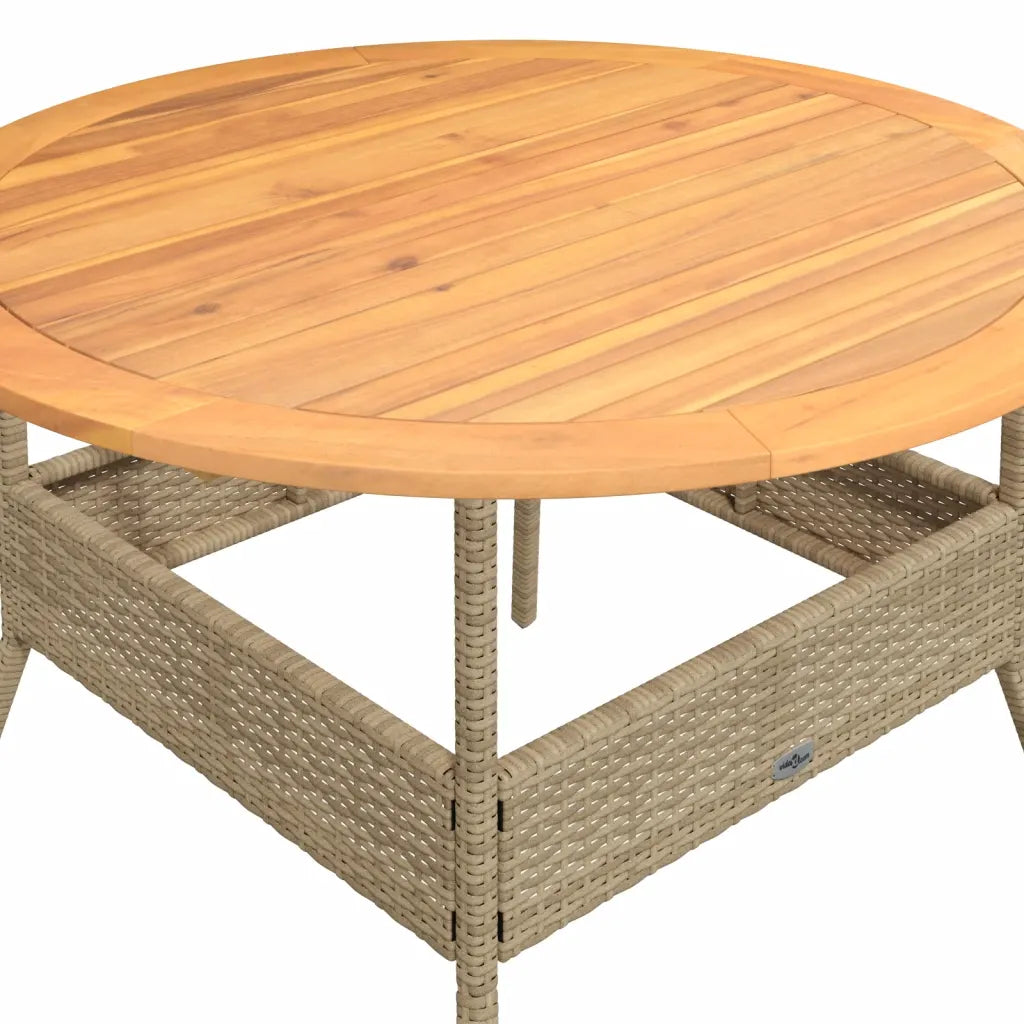 Vue dessus table jardin ronde rotin PE beige plateau bois 110 cm