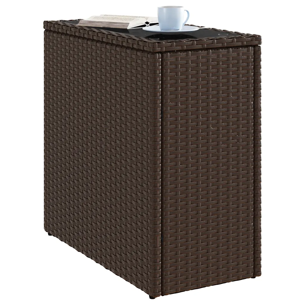Vue dessus table appoint jardin rotin PE marron plateau verre 51,5x21,5 cm