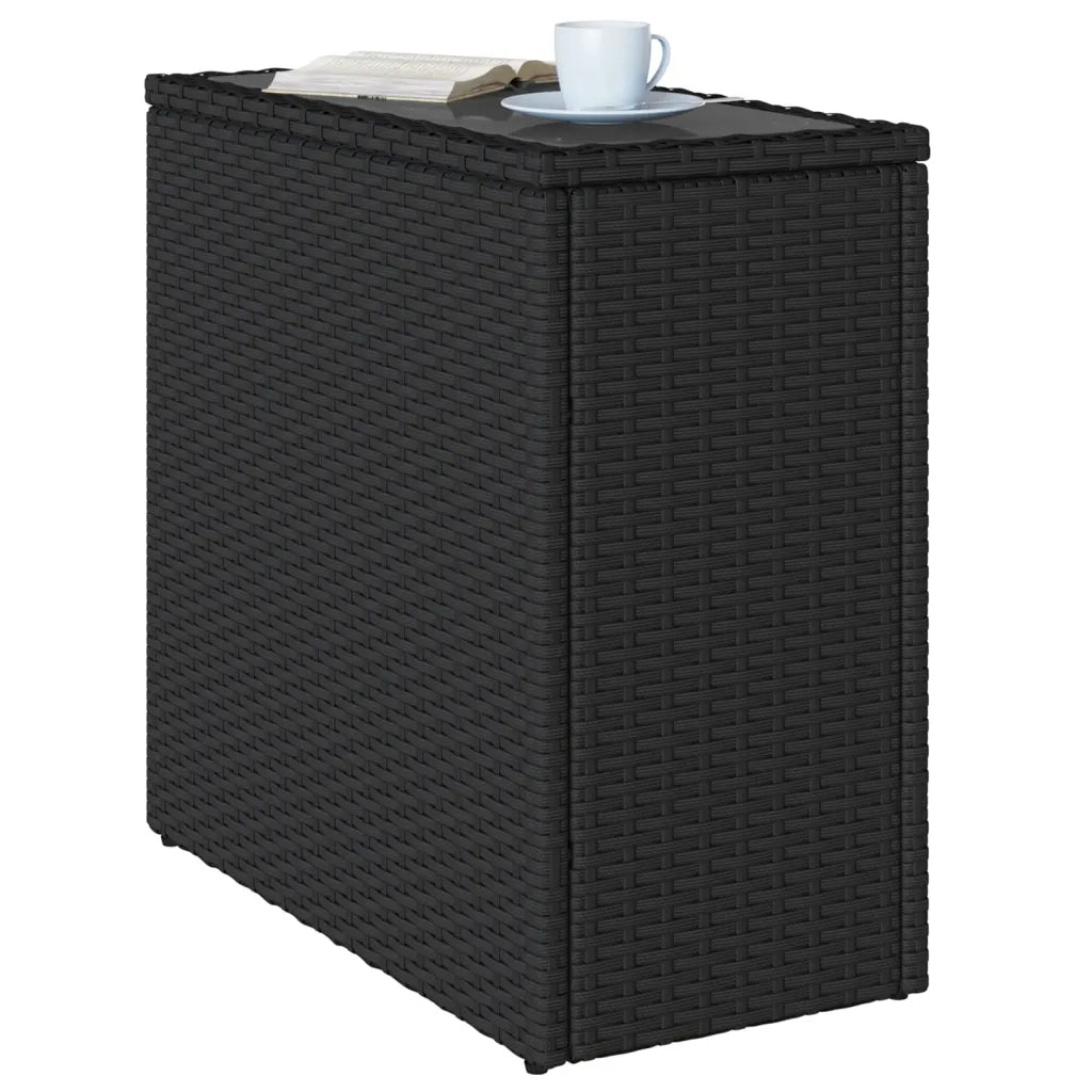 Vue dessus table appoint rotin PE noir plateau verre design compact