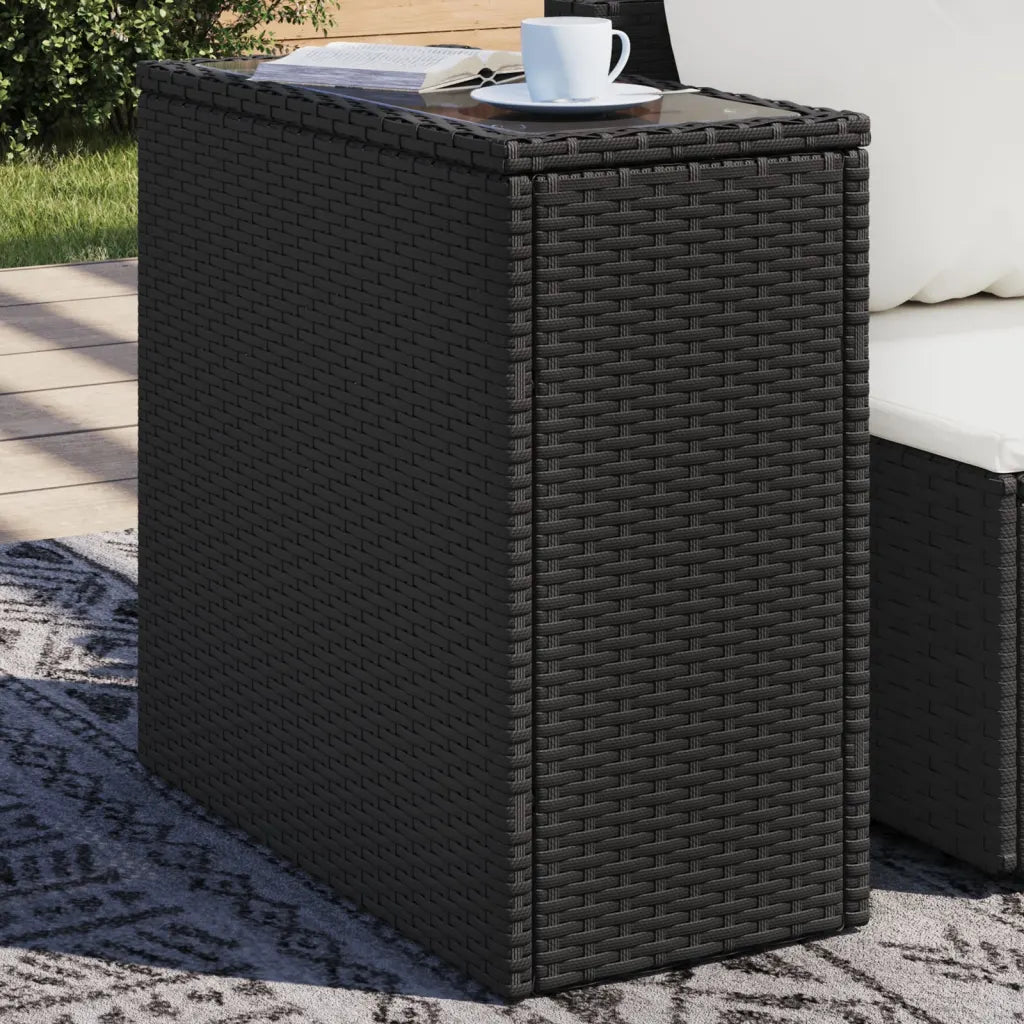 Petite table jardin rotin PE noir plateau verre pieds réglables