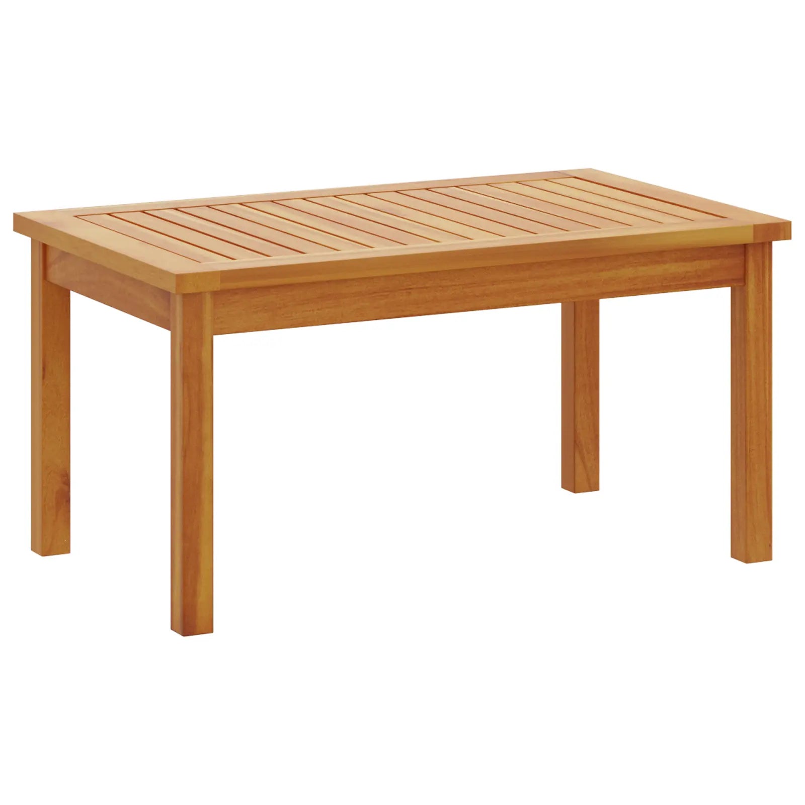 Table basse assortie en acacia massif sur terrasse ensoleillée.