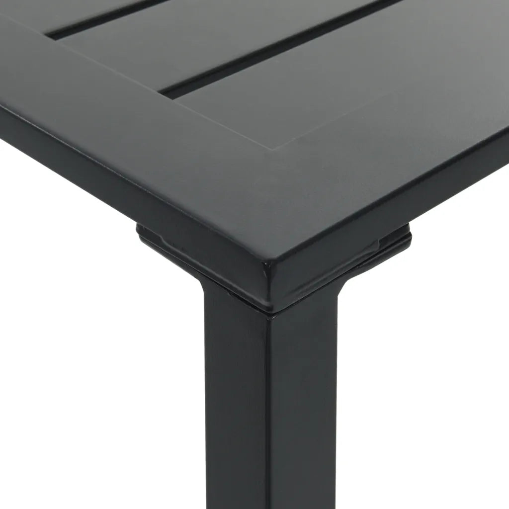 Vue dessus table bar jardin acier doré plateau lattes 200x100 cm
