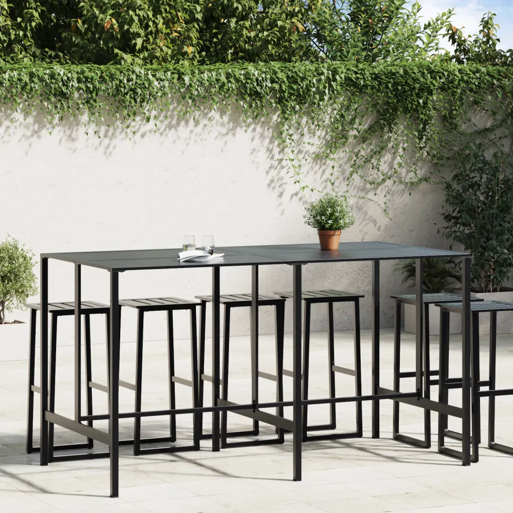Table bar jardin acier thermolaqué noir 200 cm plateau lattes avec chaises