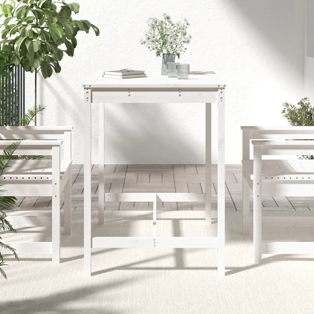 Table haute terrasse bois pin massif blanc plateau robuste extérieur