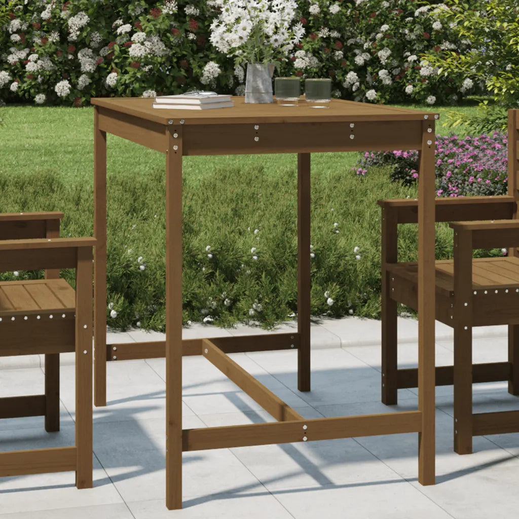 Table jardin haute bois pin massif marron brun miel 110 cm hauteur bar