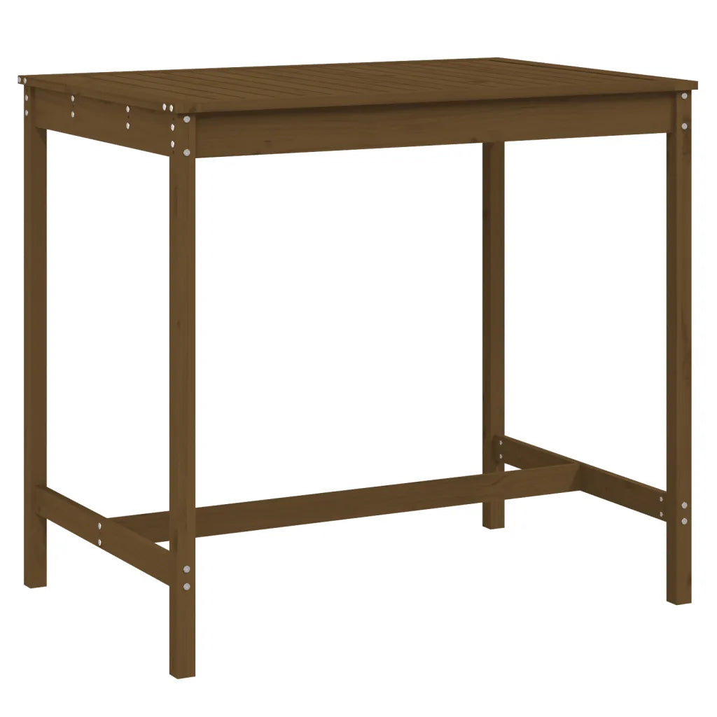 Table haute jardin bois pin massif marron vue angle cadre bois stable