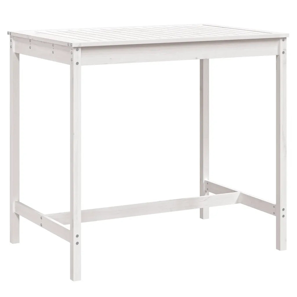Table haute jardin bois pin massif blanc vue dessus plateau robuste