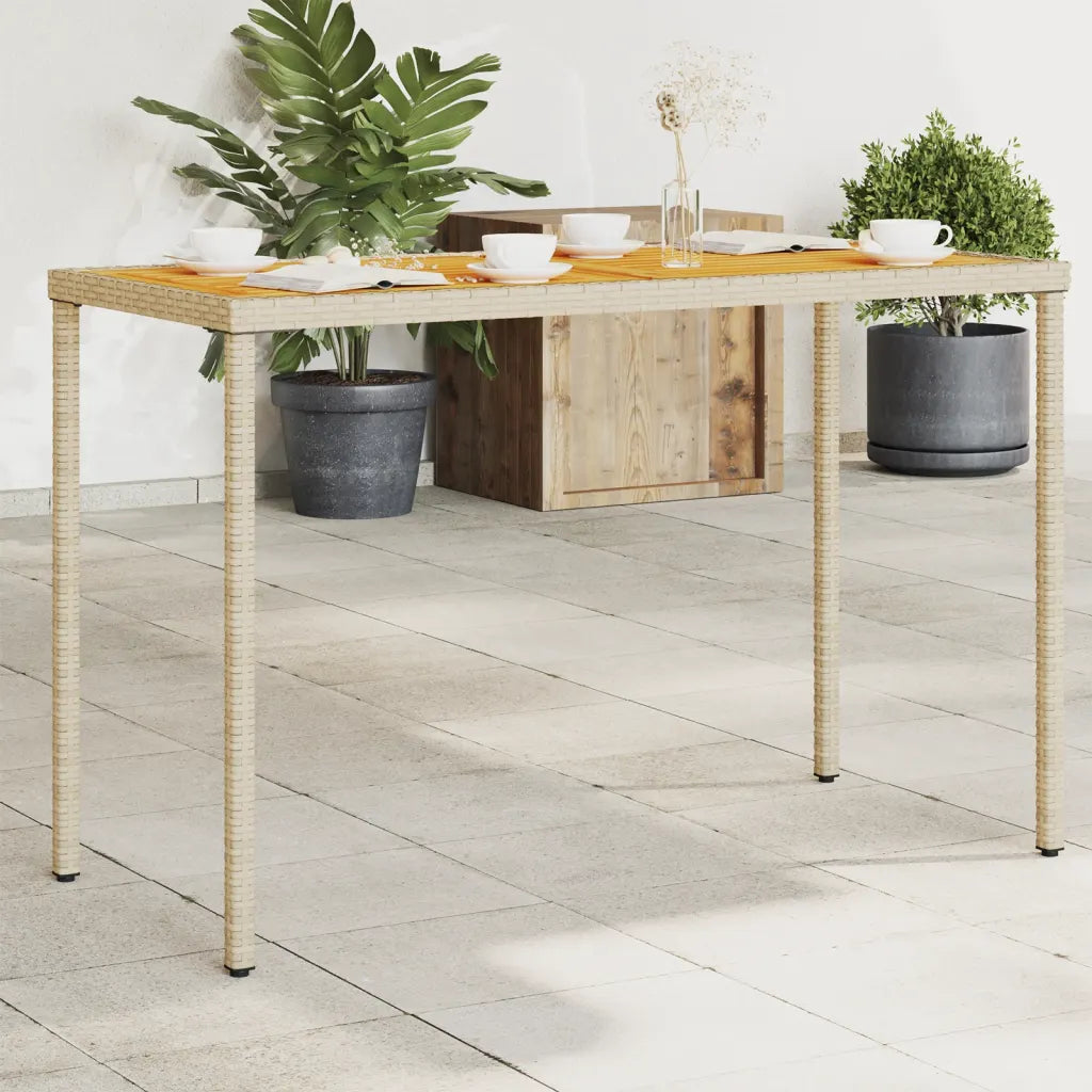 Table de jardin rotin PE beige plateau bois acacia 115 cm rectangulaire
