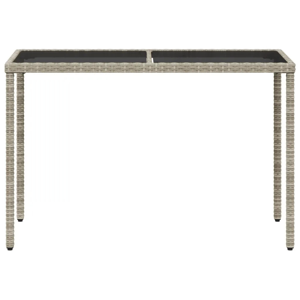 Table jardin rotin PE gris clair plateau verre trempé transparent