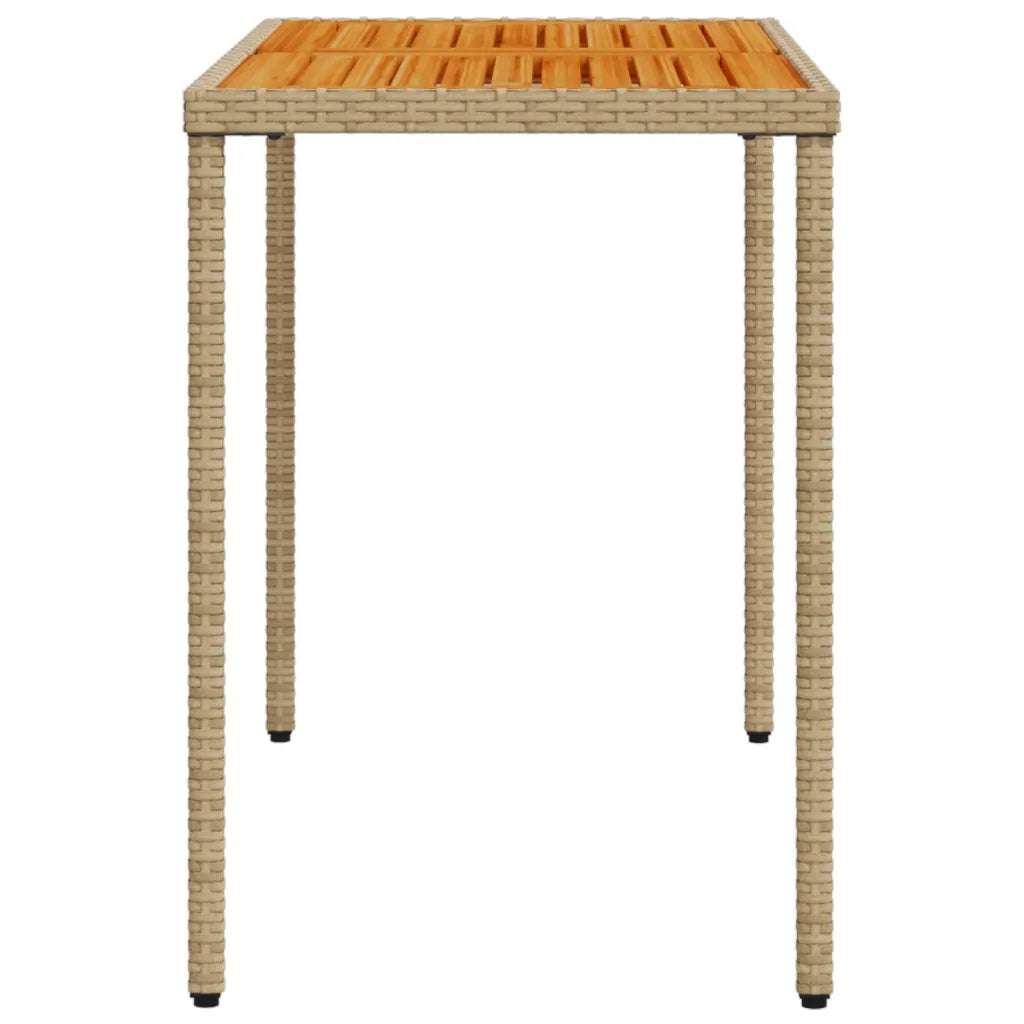 Vue dessus table jardin rotin beige plateau bois rectangulaire