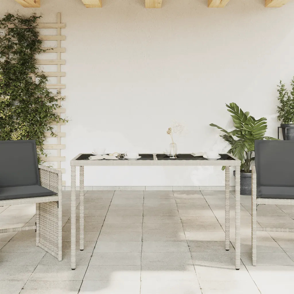 Table terrasse rotin PE gris clair cadre acier thermolaqué robuste
