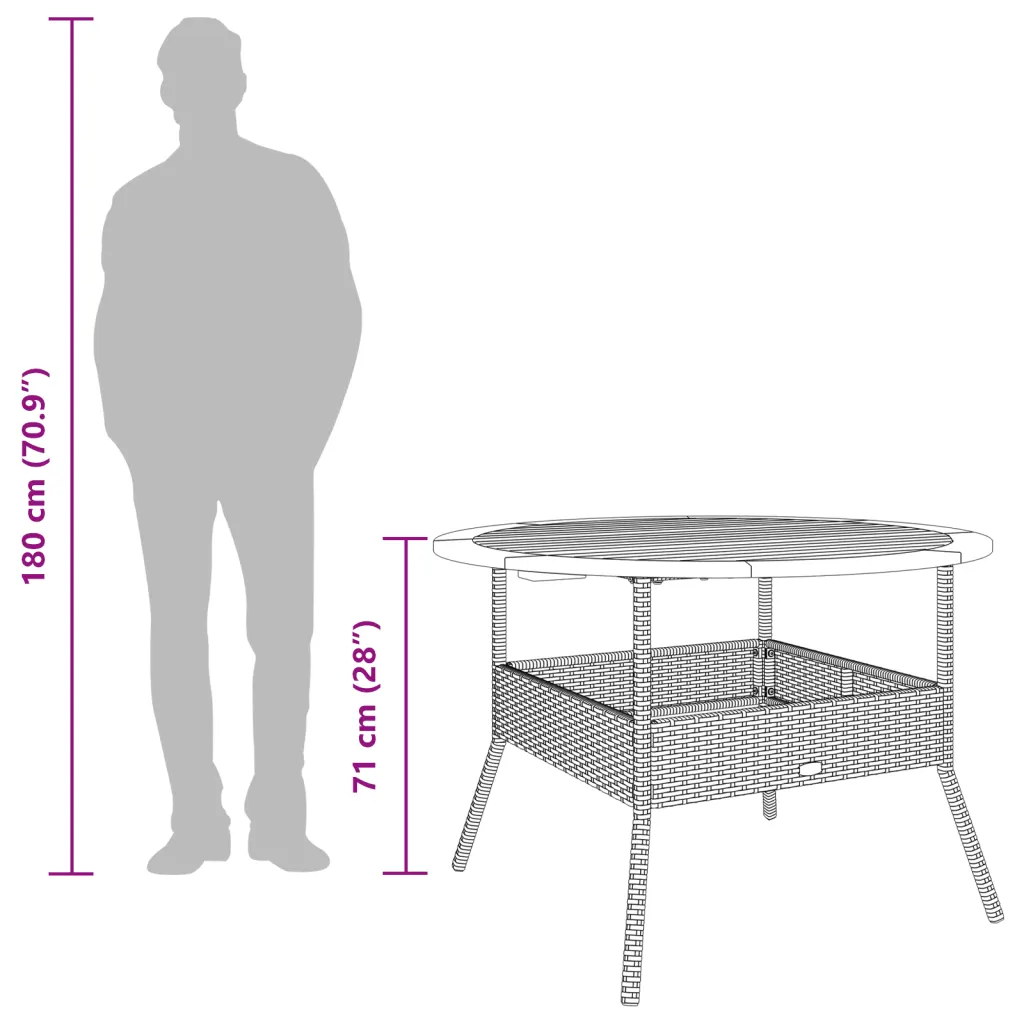 Dimensions table jardin ronde 110 cm échelle humaine rotin PE bois acacia