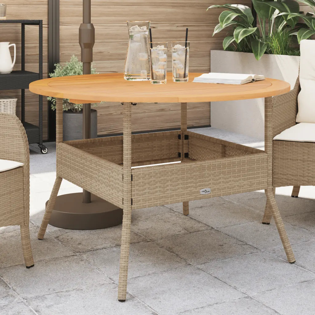 Table jardin ronde rotin PE beige 110 cm plateau bois acacia avec chaises

