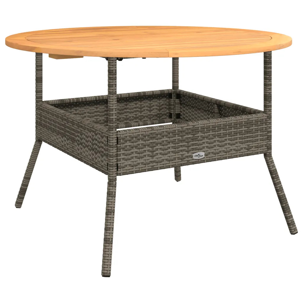 Vue dessus table ronde jardin rotin PE grise plateau bois acacia