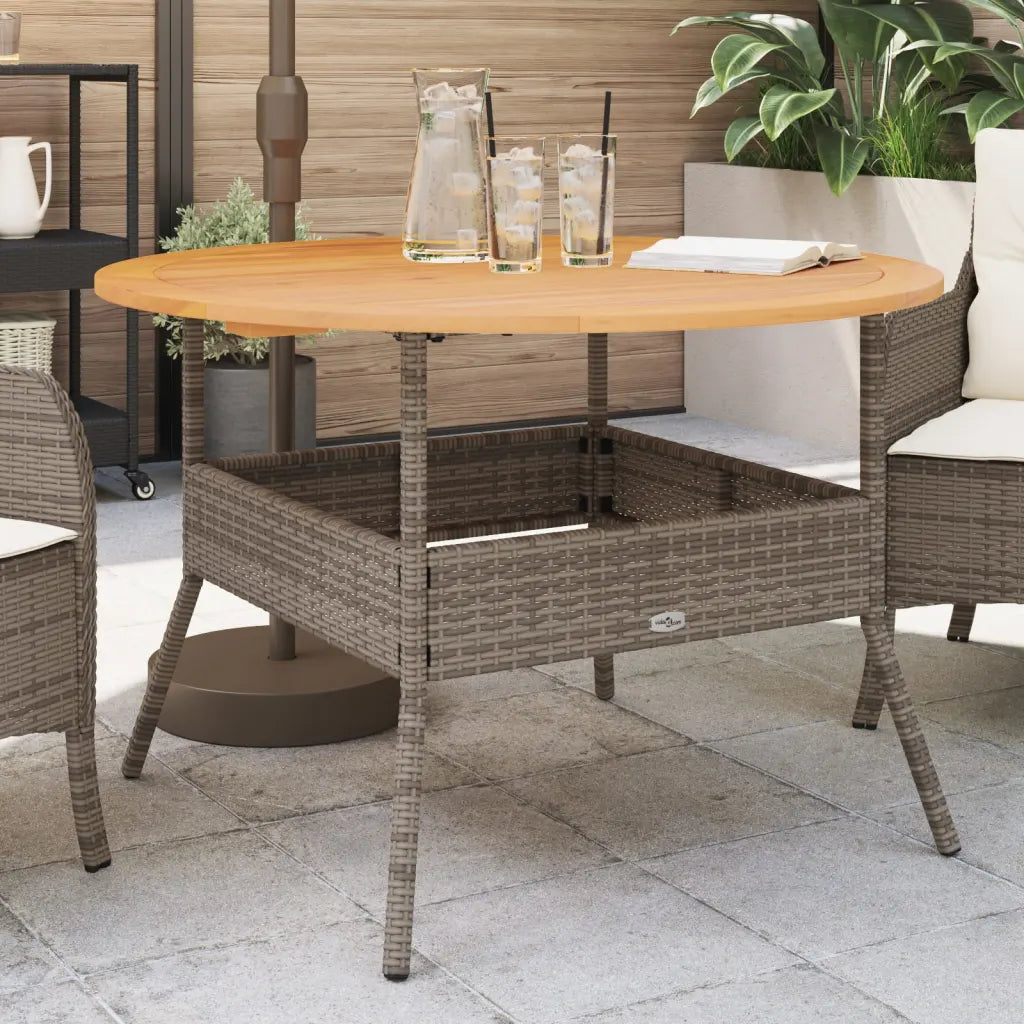 Table jardin ronde rotin PE grise plateau bois acacia design moderne
