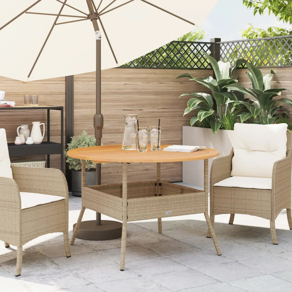 Table patio ronde rotin PE beige 110 cm cadre acier résistant intempéries