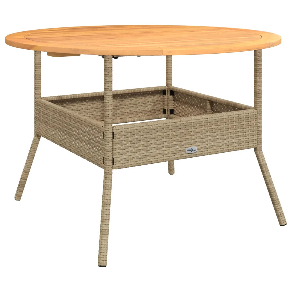 Table jardin ronde rotin PE beige plateau bois acacia variante couleur